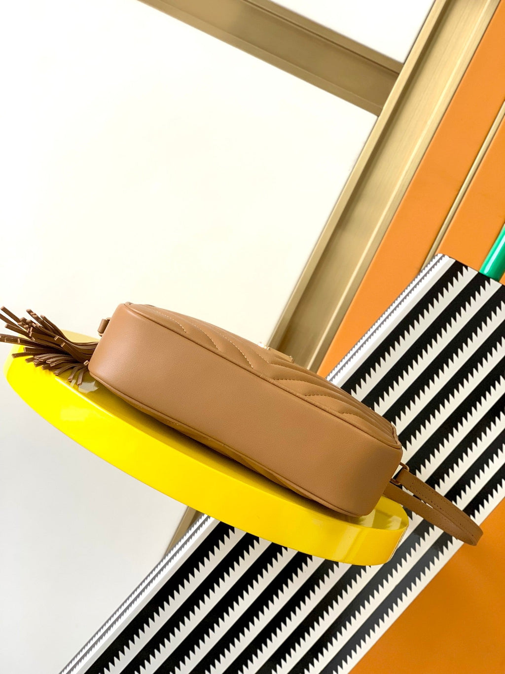 Lou Camera Bag in Tan Chevron Leather