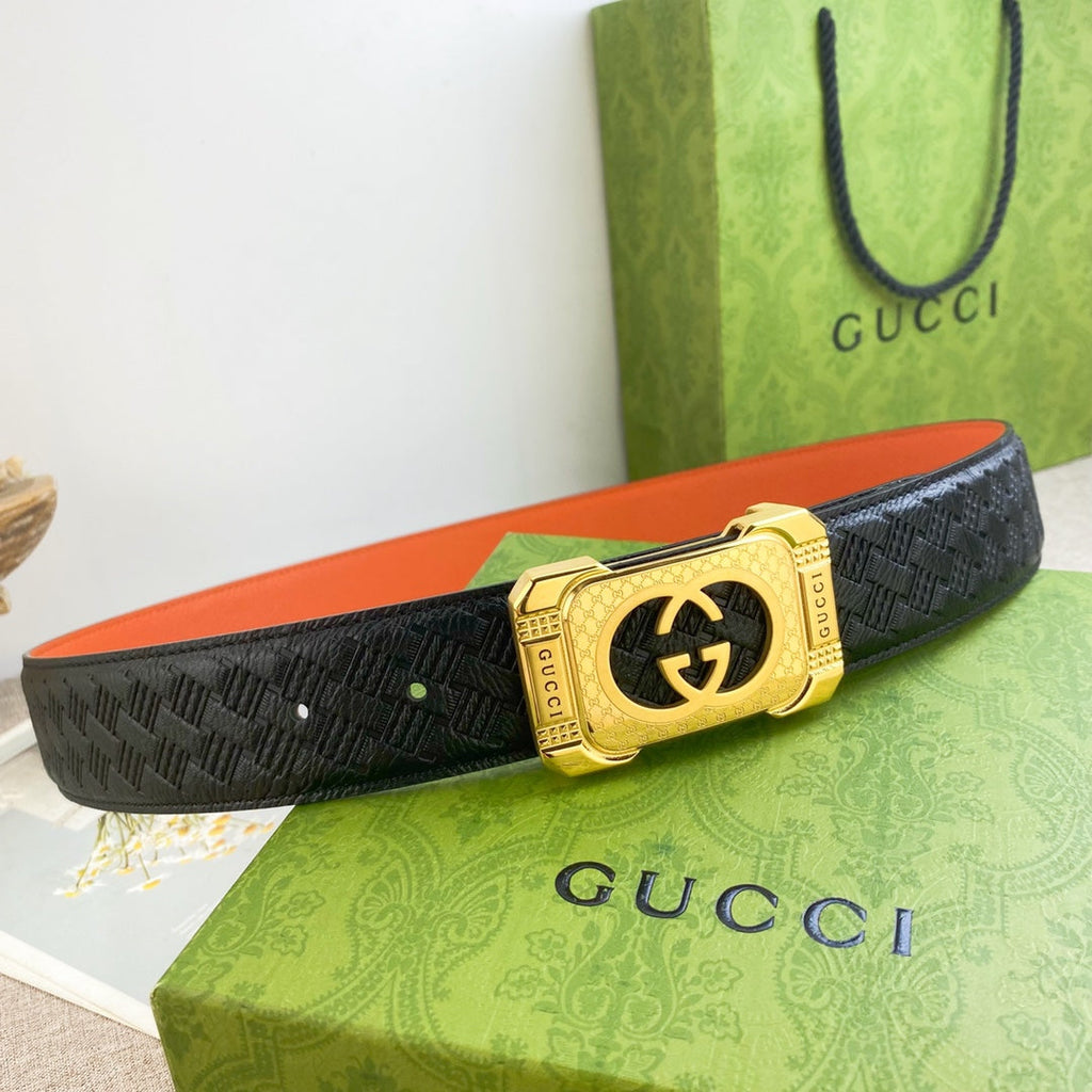 Black Woven Belt with Gold GG Buckle and Orange Lining Width 3.8cm