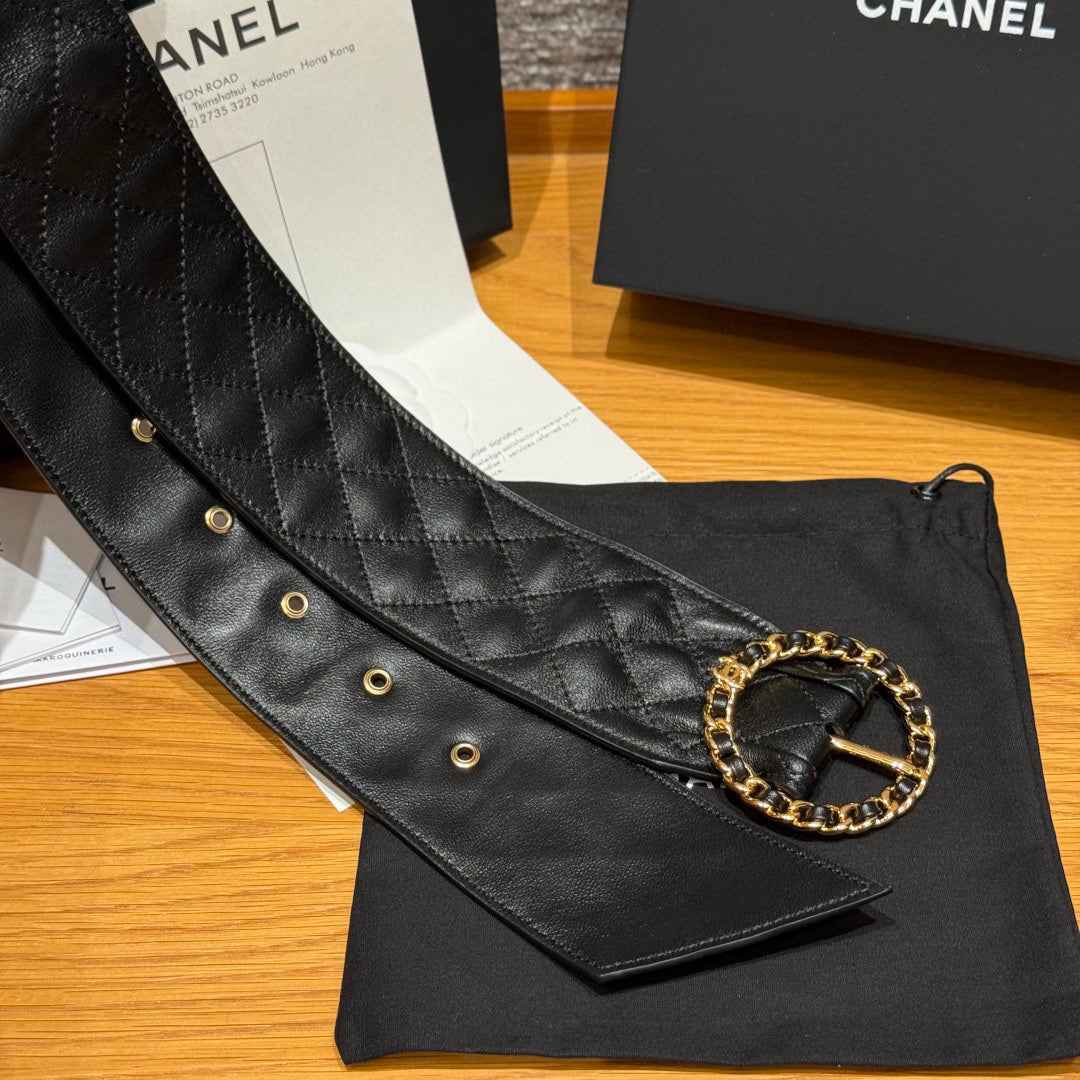 Wide 65mm Decorative Leather Belt with Chain-Linked Buckle