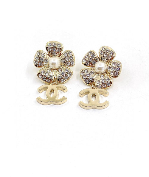 18K  Chanel Flower Full Crystals Earrings