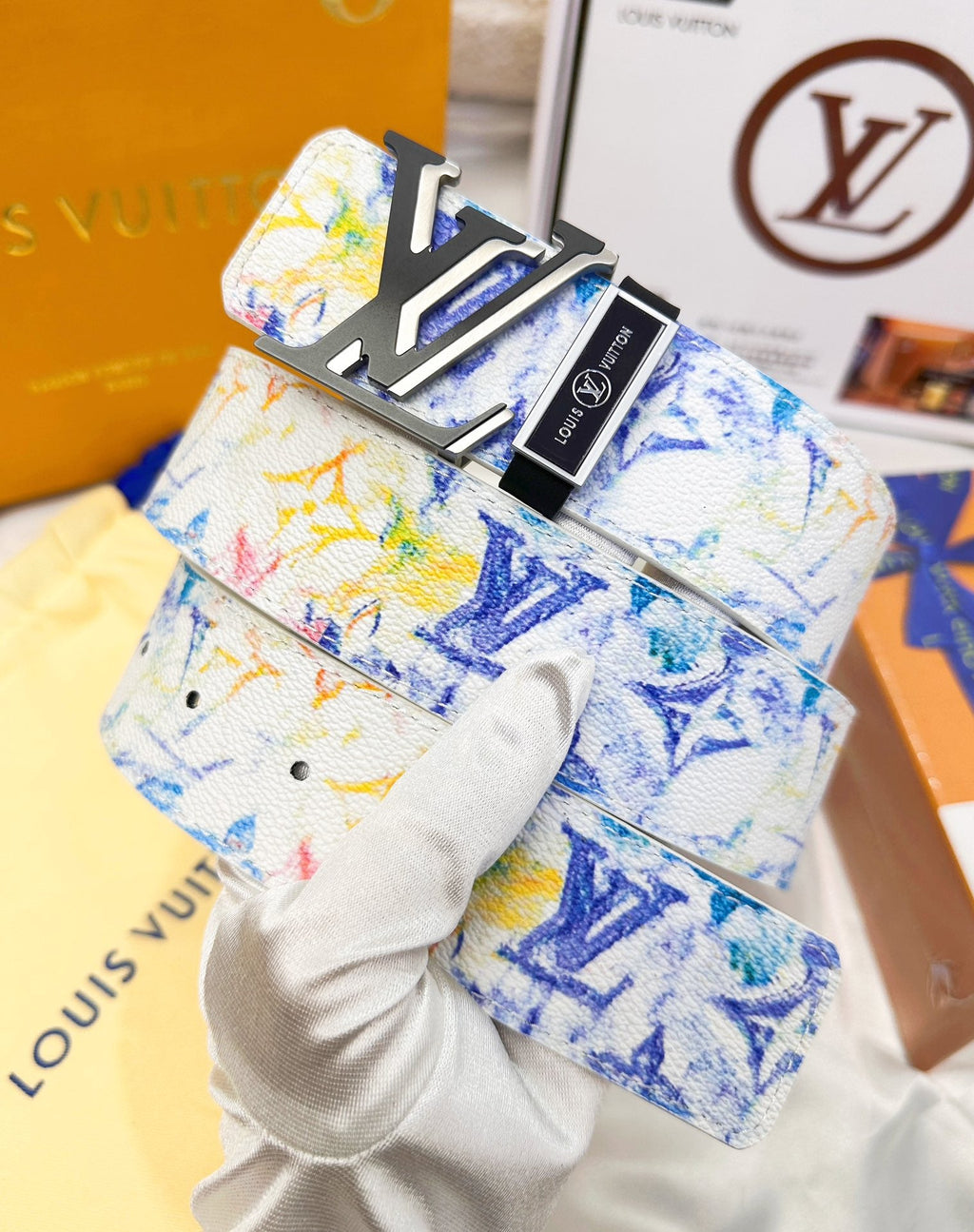 Colorful Monogram Print Belt with Silver Buckle