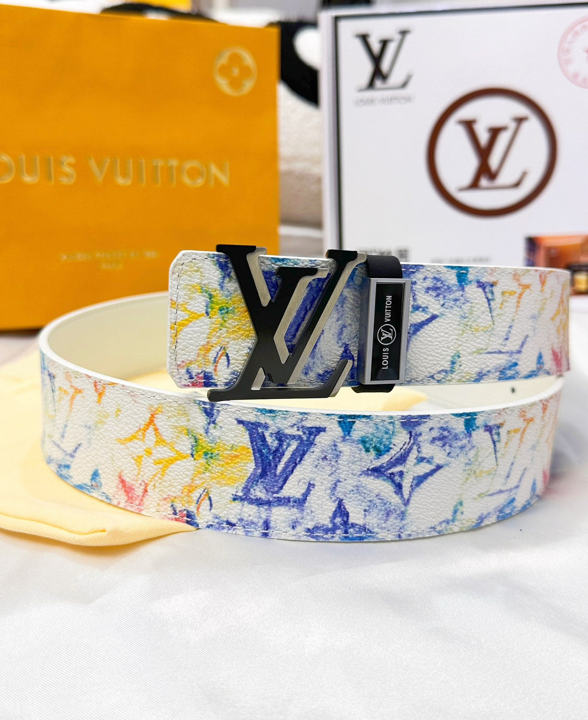 Colorful Monogram Print Belt with Silver Buckle