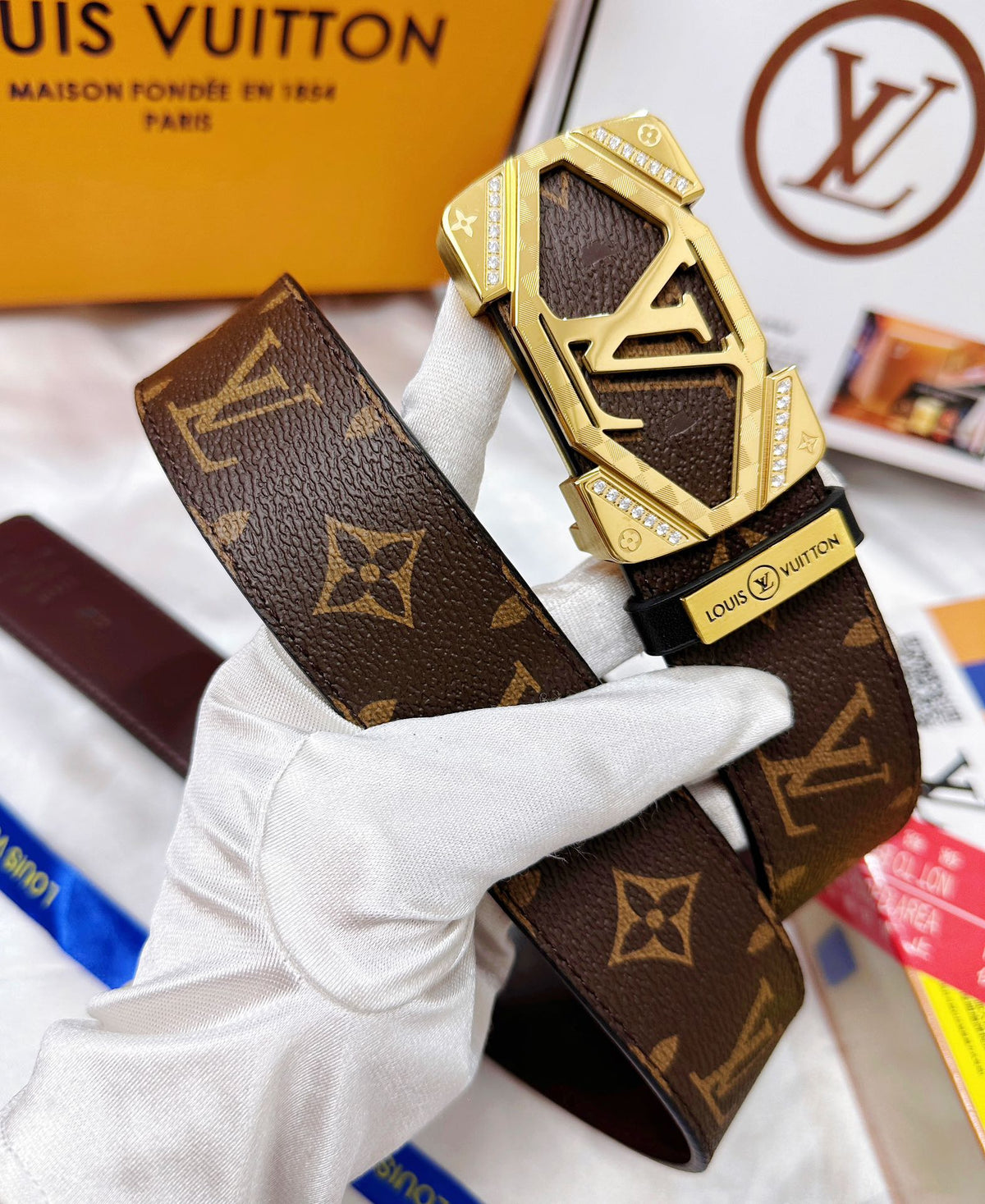 Monogram Leather Belt with Gold Geometric Buckle
