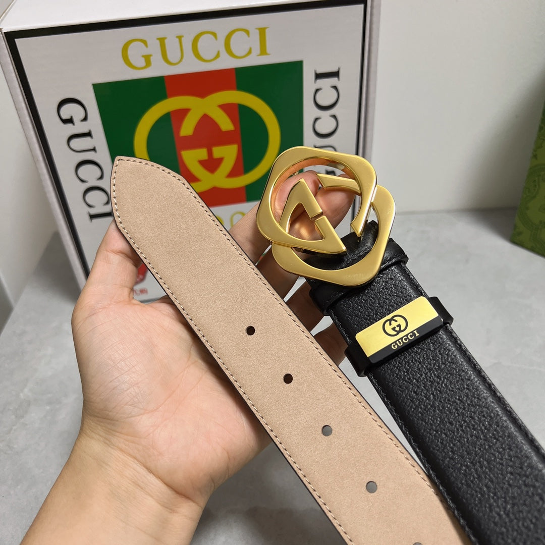 Black Leather Belt with Gold G/G Buckle