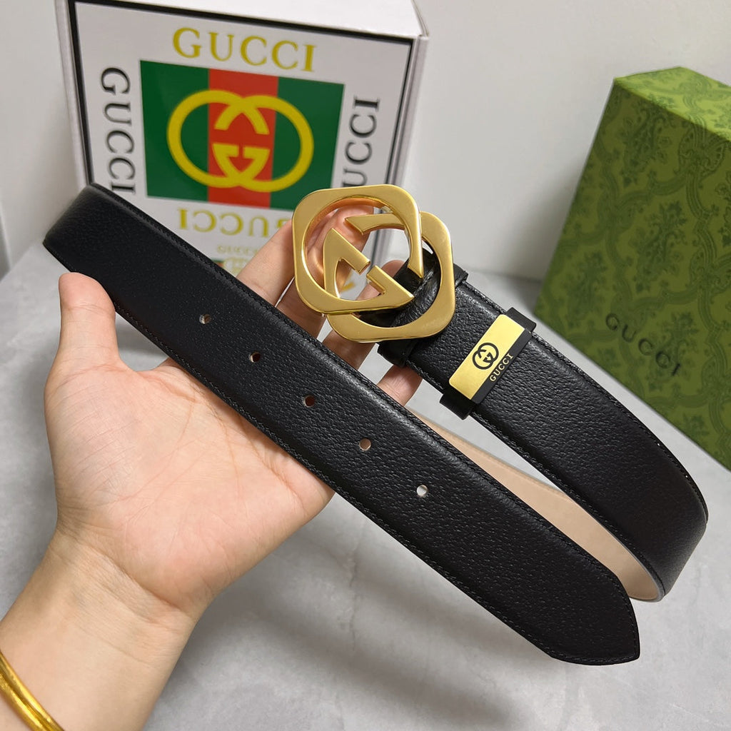 Black Leather Belt with Gold G/G Buckle