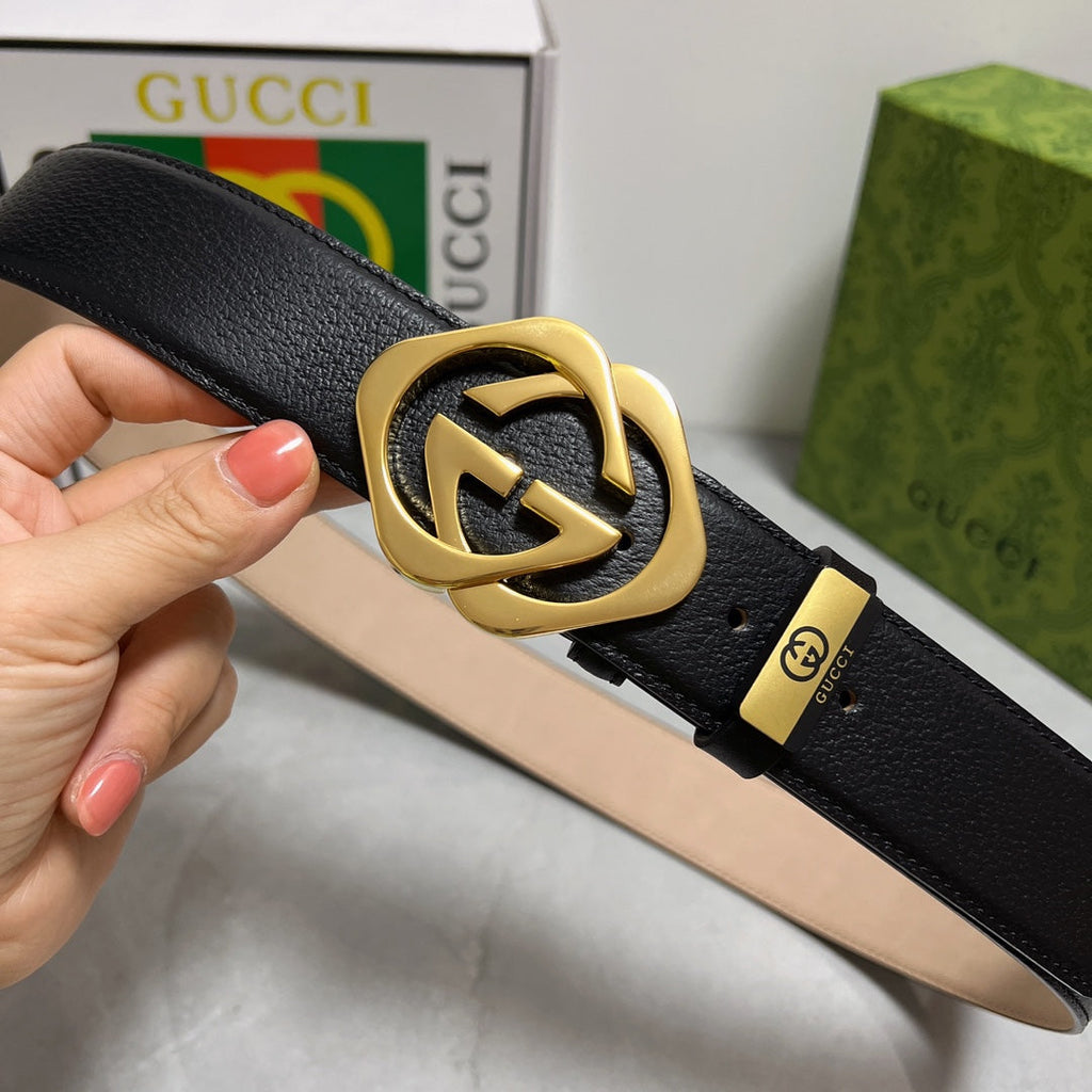 Black Leather Belt with Gold G/G Buckle